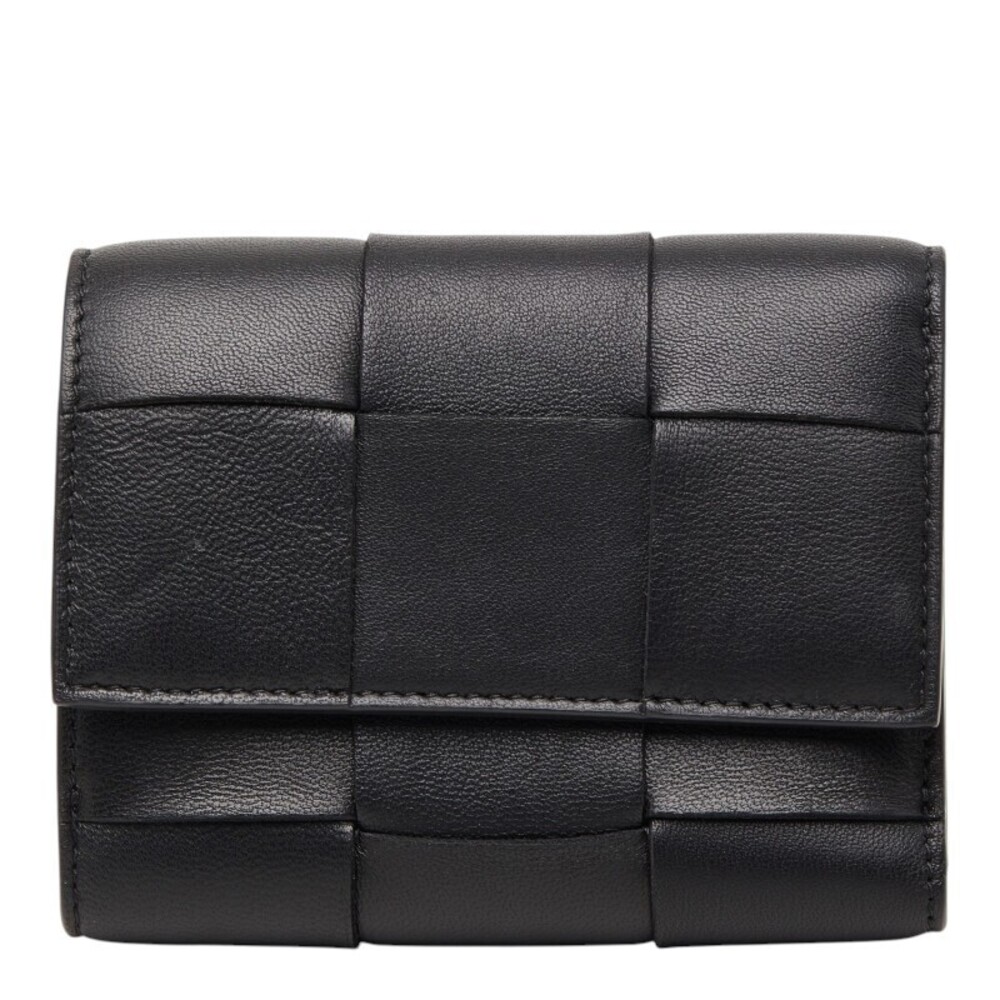 Bottega Veneta Maxi Intrecciato Cassette Tri fold Wallet Black Leather